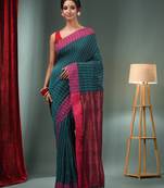 Teal Green Cotton Handwoven Saree With Kantha Style