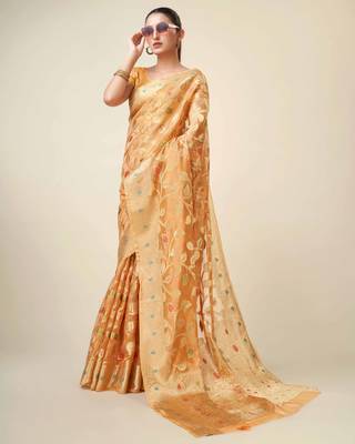 Peach Organza Faux Kanjeevaram Woven Saree With Unstitched Blouse Piece 3