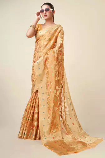 Peach Organza Faux Kanjeevaram Woven Saree With Unstitched Blouse Piece