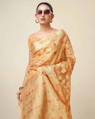 Peach Organza Faux Kanjeevaram Woven Saree With Unstitched Blouse Piece 4