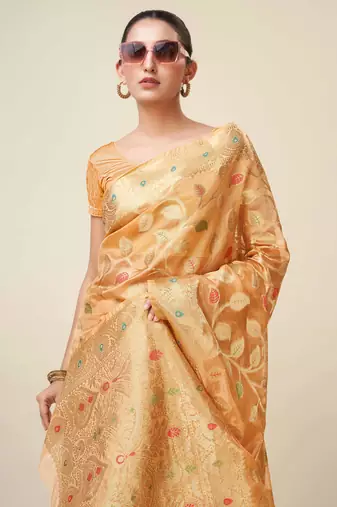 Peach Organza Faux Kanjeevaram Woven Saree With Unstitched Blouse Piece