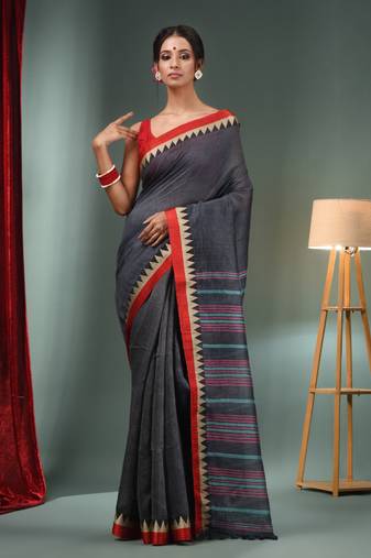 Grey Silk Linen Handwoven Saree With Temple Border