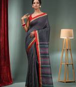 Grey Silk Linen Handwoven Saree With Temple Border