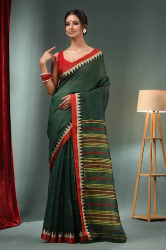 Forest Green Silk Linen Handwoven Saree With Temple Border