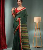 Forest Green Silk Linen Handwoven Saree With Temple Border