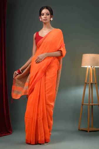 Orange Cotton Blend Handwoven Saree With Ghicha Pallu