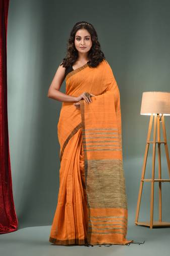 Yellow Cotton Blend Handwoven Saree With Ghicha Pallu
