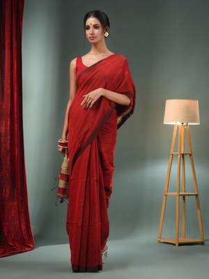 Red Cotton Blend Handwoven Saree With Ghicha Pallu 1