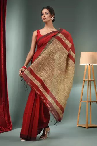 Red Cotton Blend Handwoven Saree With Ghicha Pallu