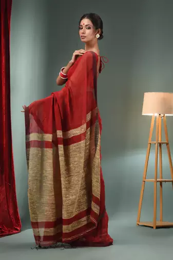 Red Cotton Blend Handwoven Saree With Ghicha Pallu