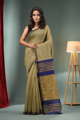 Beige Cotton Blend Handwoven Saree With Ghicha Pallu