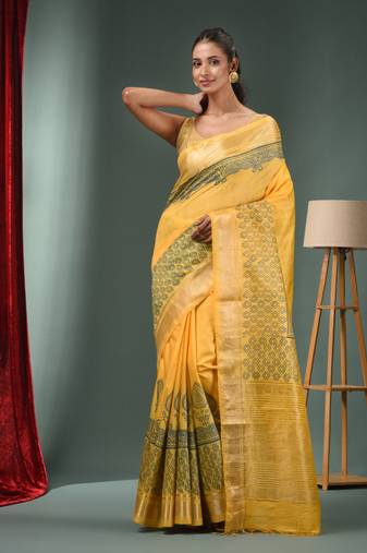 Yellow Blended Silk Handwoven Saree With Zari Border