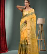 Yellow Blended Silk Handwoven Saree With Zari Border