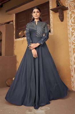 Grey colour heavy embroidered muslin silk designer kurti 1