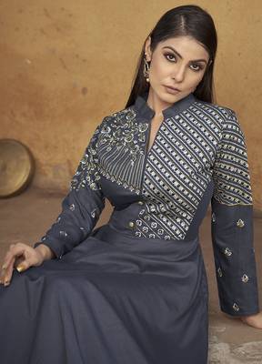 Grey colour heavy embroidered muslin silk designer kurti 3