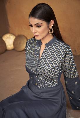 Grey colour heavy embroidered muslin silk designer kurti 4