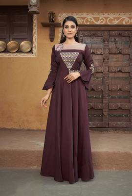 Brown colour heavy embroidered muslin silk designer kurti 1