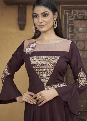 Brown colour heavy embroidered muslin silk designer kurti 3