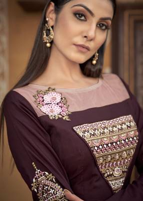 Brown colour heavy embroidered muslin silk designer kurti 4