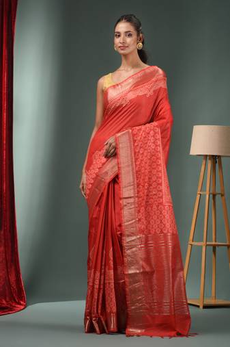Red Blended Silk Handwoven Saree With Zari Border