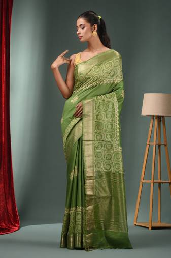 Green Blended Silk Handwoven Saree With Woven Zari Border