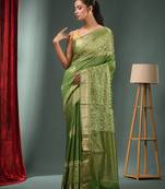 Green Blended Silk Handwoven Saree With Woven Zari Border
