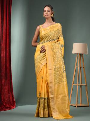 Yellow Blended Silk Handwoven Saree With Woven Zari Border 1