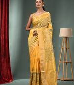 Yellow Blended Silk Handwoven Saree With Woven Zari Border