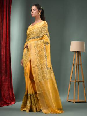 Yellow Blended Silk Handwoven Saree With Woven Zari Border 3