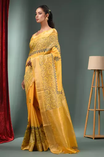 Yellow Blended Silk Handwoven Saree With Woven Zari Border