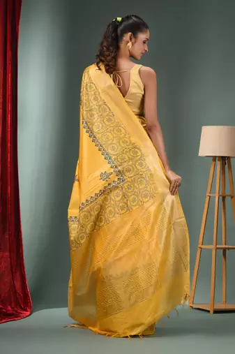 Yellow Blended Silk Handwoven Saree With Woven Zari Border