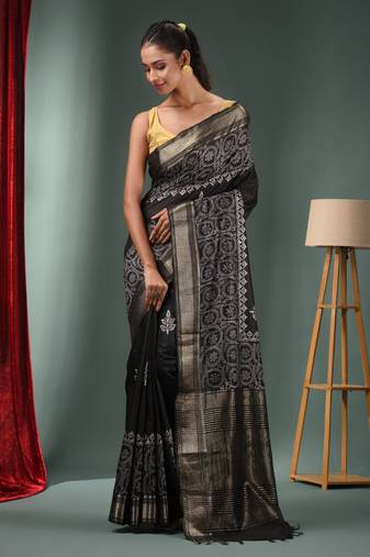 Black Blended Silk Handwoven Saree With Woven Zari Border
