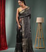 Black Blended Silk Handwoven Saree With Woven Zari Border
