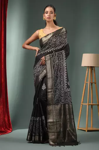Black Blended Silk Handwoven Saree With Woven Zari Border