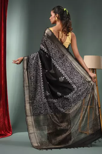 Black Blended Silk Handwoven Saree With Woven Zari Border