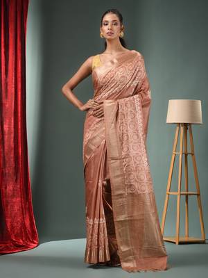 Beige Blended Silk Handwoven Saree With Woven Zari Border 1