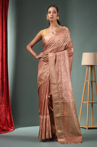 Beige Blended Silk Handwoven Saree With Woven Zari Border