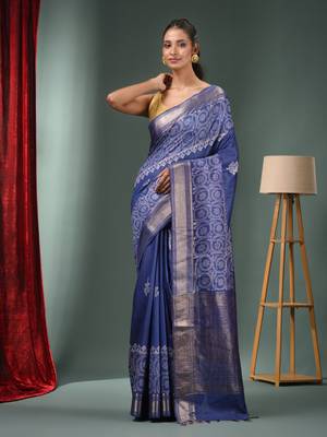 Blue Blended Silk Handwoven Saree With Woven Zari Border 1