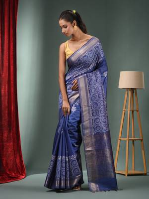 Blue Blended Silk Handwoven Saree With Woven Zari Border 2