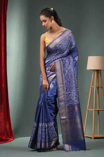 Blue Blended Silk Handwoven Saree With Woven Zari Border