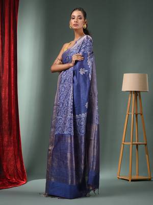 Blue Blended Silk Handwoven Saree With Woven Zari Border 3