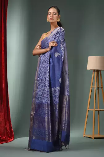 Blue Blended Silk Handwoven Saree With Woven Zari Border