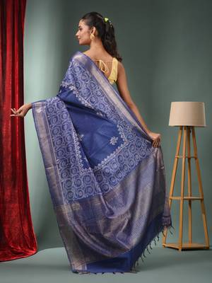 Blue Blended Silk Handwoven Saree With Woven Zari Border 4