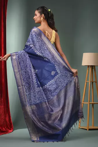 Blue Blended Silk Handwoven Saree With Woven Zari Border