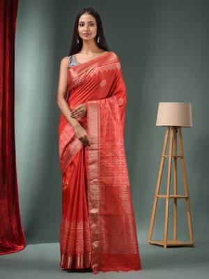 Red Blended Silk Handwoven Saree With Woven Zari Border 1
