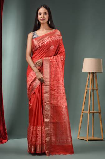 Red Blended Silk Handwoven Saree With Woven Zari Border
