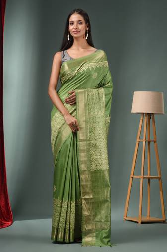 Green Blended Silk Handwoven Saree With Woven Zari Border