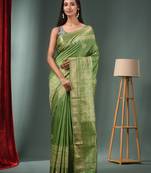 Green Blended Silk Handwoven Saree With Woven Zari Border