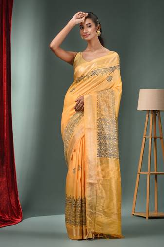 Yellow Blended Silk Handwoven Saree With Woven Zari Border