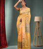 Yellow Blended Silk Handwoven Saree With Woven Zari Border